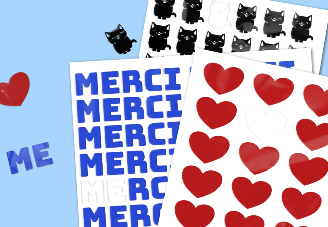 Bogen mit individuell gestalteten Klebeetiketten